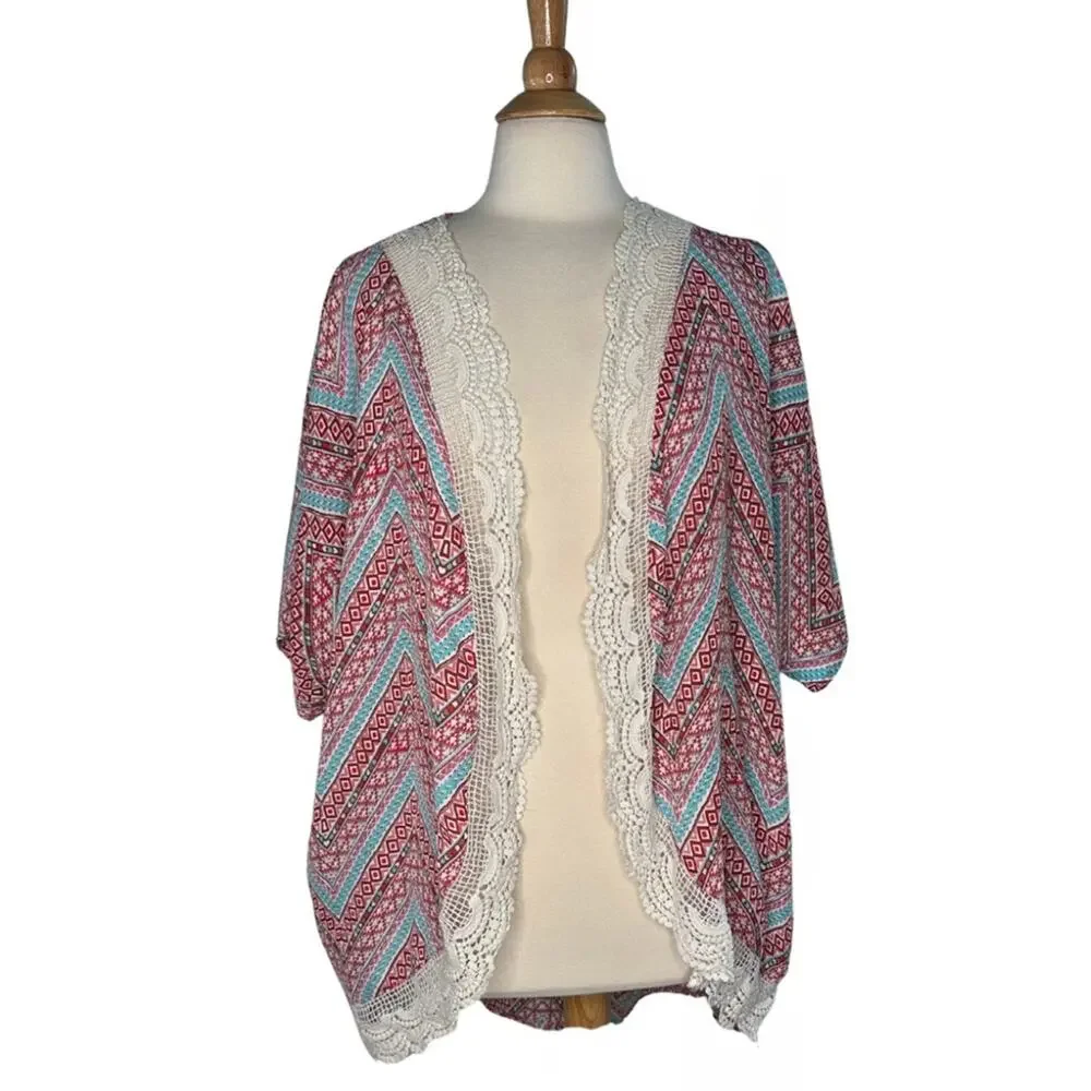 Liberty Love Colorful Chevron Kimono Lace Edging Beachy Open Front Cardigan BR10